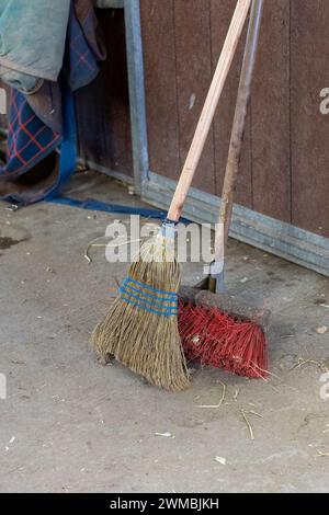 Gartenbürsten mit losem Stroh in einem Stall Stockfoto