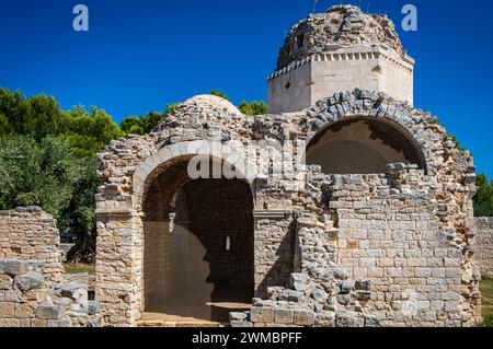 Kirche San Felice im archäologischen Bereich von Balsignano, Stadt Modugno, Provinz Bari, Region Apulien, Süditalien - 10. Jahrhundert Stockfoto