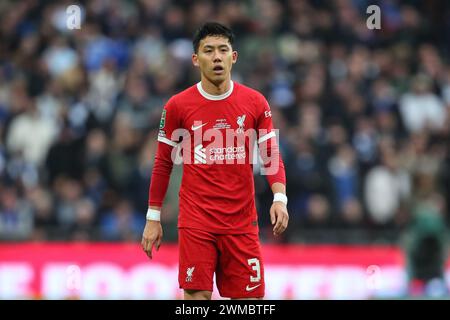 Wataru Endo aus Liverpool während des Endrunde des Carabao Cup Chelsea gegen Liverpool im Wembley Stadium, London, Großbritannien, 25. Februar 2024 (Foto: Gareth Evans/News Images) Stockfoto