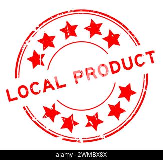 Rotes lokales Produktwort mit Sternsymbol und rundem Gummisiegelstempel auf weißem Hintergrund Stock Vektor