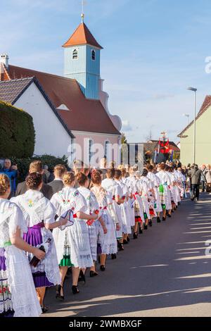 Sorbischer Fastnachtsumzug in Döbbrick DEU/Brandenbueg/Döbbrick: â Sorbische Fastnacht: Zum 140. Zapust-Umzug marschierten110 Parae durch Döbbrick, einem Ortsteil von Cottbus. In den zweisprachigen Gemeinden der Niederlausitz wird bis in den März der Brauch der sorbischen Fastnacht, des - Zapust - feiern. Bei dem Umzug mit den farbenfrohen traditionellen Trachen wird der Winter ausgetrieben. Der Brauch gehört in mehr als 35 zweisprachigen Lausitzer Gemeinden um Cottbus zu den Höhepunkten des Dorflebends. In Brandenburg leben etwa 20 000 Sorben/Wenden, in Sachsen sind es doppelt so viele. Nebe Stockfoto