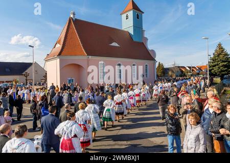 Sorbischer Fastnachtsumzug in Döbbrick DEU/Brandenbueg/Döbbrick: â Sorbische Fastnacht: Zum 140. Zapust-Umzug marschierten110 Parae durch Döbbrick, einem Ortsteil von Cottbus. In den zweisprachigen Gemeinden der Niederlausitz wird bis in den März der Brauch der sorbischen Fastnacht, des - Zapust - feiern. Bei dem Umzug mit den farbenfrohen traditionellen Trachen wird der Winter ausgetrieben. Der Brauch gehört in mehr als 35 zweisprachigen Lausitzer Gemeinden um Cottbus zu den Höhepunkten des Dorflebends. In Brandenburg leben etwa 20 000 Sorben/Wenden, in Sachsen sind es doppelt so viele. Nebe Stockfoto