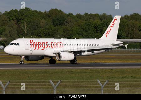 Der Airbus A320-232 A320 der Fluglinie Pegasus PC/PGT, Betreiber Avion Express, mit der Registrierung LY-MLG MSN: 02863 landet am Flughafen Hamburg EDDH/HAM. Hamburg Hamburg Deutschland *** der Airbus A320 232 A320 der Fluggesellschaft Pegasus PC PGT , Betreiber Avion Express, mit der Registrierung LY MLG MSN 02863 landet am Flughafen Hamburg EDDH HAM Hamburg Deutschland Stockfoto