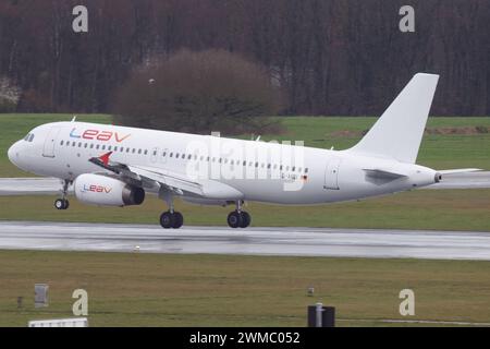 Der Airbus A320-232 A320 der Fluglinie leav Aviation mit der Registrierung D-ANDI MSN: 3674 landet am Flughafen Hamburg Airport EDDH/HAM. Hamburg Deutschland *** Airbus A320 232 A320 von LEAV Aviation mit Registrierung D ANDI MSN 3674 landet am Flughafen Hamburg EDDH HAM Hamburg Hamburg Deutschland Stockfoto