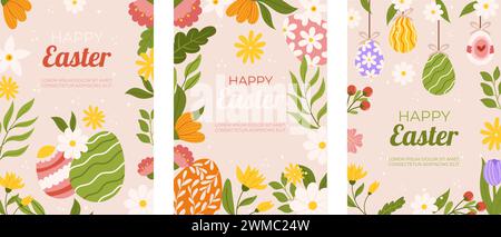 Ostersammlung mit vertikalen Grußkarten-Vorlage. Design mit Blumen und bemalten Eiern, die an der Schnur hängen. Handgezeichnete flache Vektorgrafik Stock Vektor