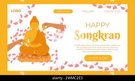 Songkran Festival, traditionelle Dusche die Mönchsskulptur, Thailand Neujahr. Baden der Buddha-Statue. Vektor-Landing-Page-Website-Vorlage in flachem Stil zum Feiern. Stock Vektor