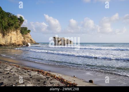 Schöner zerklüfteter Balenbouche Beach - der Sand ist schwarz aufgrund von Basaltpartikeln aus vergangenen vulkanischen Aktivitäten in der Gegend (Saint Lucia, West Indies) Stockfoto