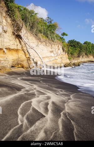 Schöner zerklüfteter Balenbouche Beach - der Sand ist schwarz aufgrund von Basaltpartikeln aus vergangenen vulkanischen Aktivitäten in der Gegend (Saint Lucia, West Indies) Stockfoto