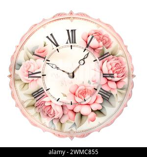 Pinke Taschenuhr in Aquarellfarben mit Blumen. Retro-Zubehör. Taschenuhr mit goldfarbener Kette und braunen Zeigern ohne Zifferblatt. Abbildung Stockfoto