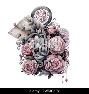 Blumenkomposition für Karten, Hintergründe. Aquarellabbildung für Scrapbooking. Zeichentrickhintergrund mit Blume für Kinder. Perfekt für Hochzeiten Stockfoto