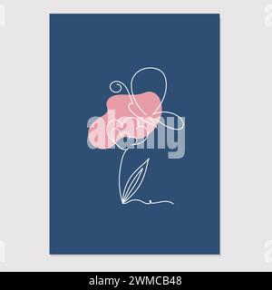 Poster mit handgezeichneter Blume und Schmetterling. Minimalistische Vektor-Illustration auf dunkelblauem Hintergrund. Stock Vektor