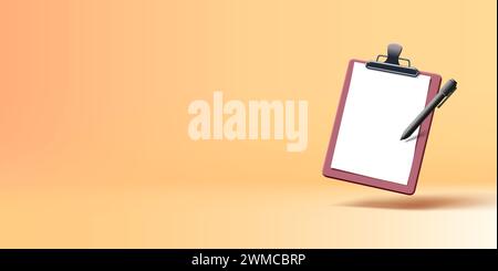 Braune 3D-Illustration aus Zwischenablage mit leerem Papier und schwarzem Stift, realistische Vektorgrafik Stock Vektor
