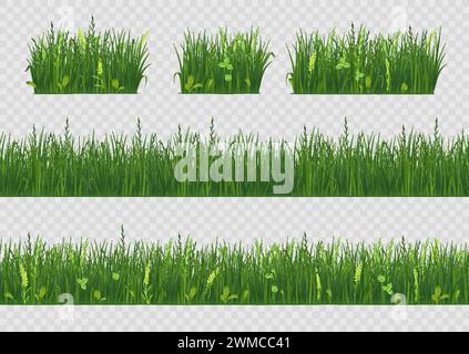 Frühlingsgras. 3D-Feldvegetation, frische grüne Rasenwiesen, Parklandschaft Farm Bar oder Border for Ecology Banner. Realistische natürliche Umgebung. Sommerkräuterpflanzen. Vektor-isolierte Botanik-Gruppe Stock Vektor