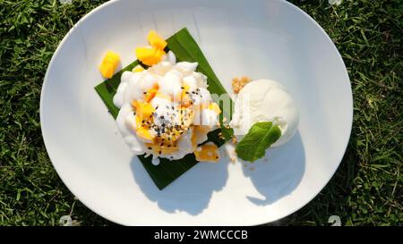 Tropisches Obstdessert mit Mango- und Kokoseis auf weißem Teller Stockfoto