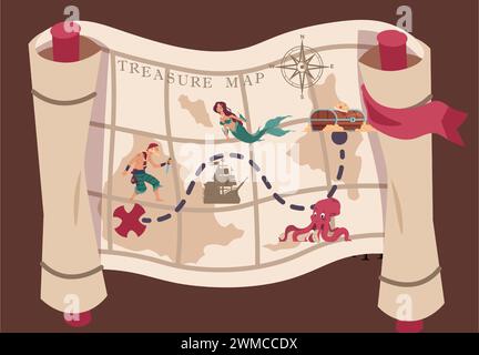 Piratenkarte. Seeschifffahrt Pergament bis Filibuster Schatzkiste. Altes Kartographiepapier. Corsair und Segelschiff. Meeresabenteuer. Meerjungfrau und Kraken-Kraken. Illustration der Vektorpiraterie Stock Vektor