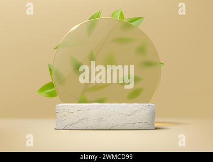 3D-Podium. Beigefarbenes Steinprodukt für Kosmetikpräsentation, leerer Raum für Creme, Szene mit Sockel und Marmorbühne, Glasplatte auf Hintergrund. Tropische Palmblätter. Vektormodell Stock Vektor