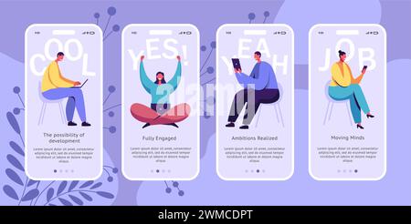 Mobile App. Online-Telefondienst. Nutzer von Smartphones. Personen mit Laptops. Onboarding-Bildschirm. Karriereziel. Jobmanagement. Mögliche Entwicklung. Handy Website Seiten Vektor Design Set Stock Vektor