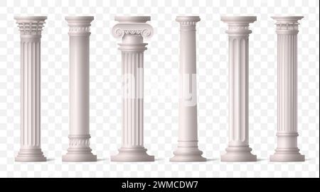 Griechische Säulen. Antike römische Säulen aus dem griechischen Tempel aus 3. Marmor, antike korinthische Skulptur. Klassische Kolonnade mit geschnitztem weißen Stein. Vektor isoliert auf transparenter Hintergrunddarstellung Stock Vektor