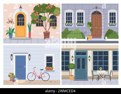 Hauswände. Straßenhäuser. Wohnhausfassaden mit Türen und Fenstern. Außenansicht des Cafés. Pflanzen oder Fahrrad in der Nähe des Eingangs draußen. Tisch und Stühle. Vektor Stadt Architektur Szenen gesetzt Stock Vektor
