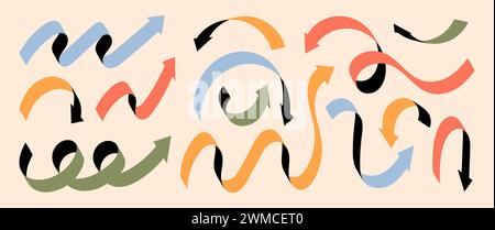 Pfeile. Dynamische spiralförmige Linien, verspielte Kurven oder skurrile Richtungskritzeleien, kurviger, cooler Zeiger. Bunte Wirbel-Markierungsformen, die Vektorillustration zeigen, isolierte Elemente für die Präsentation Stock Vektor