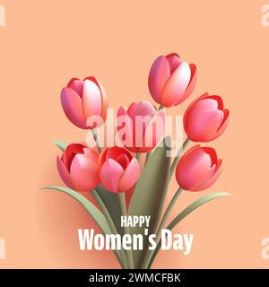 Tulpenstrauß. Realistische 3D-Render Frühlingsblumen für den internationalen Frauentag 8. märz, Muttertagskarte in warmen Farben Stock Vektor