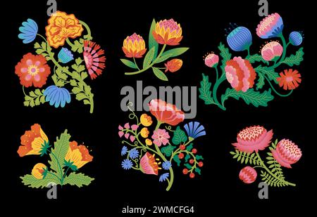 Volksmotiv. Exotische indische Blumen, abstrakte Sommerflorenfarben, niedliche Frühlingsgartenbaumkunst, helle Ornamente auf schwarzem Hintergrund. Traditionelles Vintage-Design in ethnischen Farben. Vektorabbildung Stock Vektor