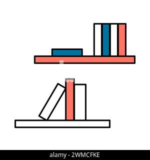 Buchrücken in einem Bücherregal im flachen Stil. Stapel von Büchern und Zeitschriften. Bibliothek zu Hause. Vektor-Clipart. Bücherregal. Stock Vektor