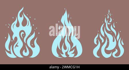 Blaues brennendes Feuer. Flammen am Lagerfeuer. Flammenwirbel und Hitzefunken. Explosion in Flammen. Silhouette entzündet Symbole. Magische Zündung. Abstrakte Symbole zur Verbrennung. Piktogramme für die Energie von Gas-Kraftstoff. Vektor-feuriger Satz Stock Vektor