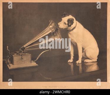 Antike Sepia-Gravur des berühmten Gemäldes des englischen Künstlers Francis Barraud aus dem Jahr 1898 mit dem Titel „His Master's Voice“ Stockfoto