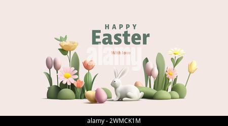 Happy Easter Poster mit 3D-Darstellung von Ostereiern und Häschen im Blumenfeld, Eierjagd, Wildbannerkomposition Stock Vektor