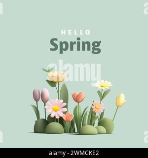 3D-Illustration von Blumen mit Grasfeld, Gänseblümchen und Tulpen auf grünen Hügeln. Cartoon-Rendering-Banner im modernen Stil Stock Vektor