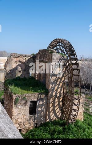 Ein großes stillgelegtes mittelalterliches, strukturiertes Wasserrad aus Holz, bekannt als Molino de la Albolafia am Ufer des Guadalquivir-Flusses und in der Nähe des römischen B Stockfoto