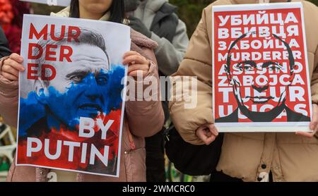 Seoul, Südkorea. Februar 2024. Russen halten Plakate, die gegen Alexej Nawalny Tod und Antikriegsproteste protestieren. Alexej Nawalny (* 4. Juni 1976 bis 16. Februar 2024) war ein russischer Oppositionsführer, Rechtsanwalt, Anti-Korruptions-Aktivist und politischer Gefangener. Er organisierte Proteste gegen die Regierung und kandidierte für ein öffentliches Amt, um sich gegen die Korruption in Russland zu wehren und sich für Reformen gegen Präsident Wladimir Putin und seine Regierung einzusetzen. (Foto: KIM Jae-Hwan/SOPA Images/SIPA USA) Credit: SIPA USA/Alamy Live News Stockfoto