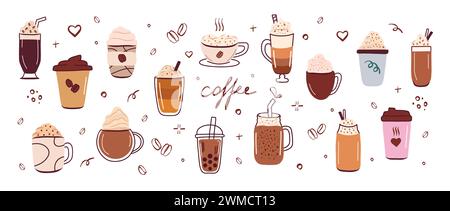 Verschiedene Kaffeesorten. Set-Getränk. Vektor-Illustrationen für Kaffeetassen isoliert auf weißem Hintergrund. Espresso, Americano, Cappuccino, Latte Tasse, Kaffee Stockfoto