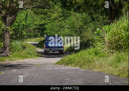 Ein Nissan Pickup-Truck fährt vorbei an üppigem Laub, abseits von Sabishwa Beach, einem abgelegenen schwarzen Sandstrand auf der Südwestseite der Insel. Stockfoto