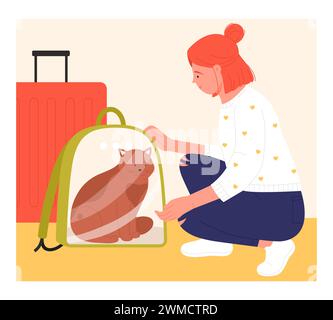 Mädchen, das mit ihrer Katze reist. Katzenreise im Rucksack, Flugticket für Haustiere Cartoon Vektor Illustration Stock Vektor