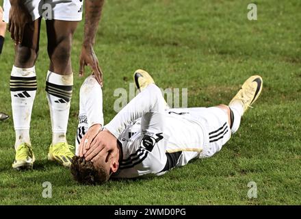 Eupen, Belgien. Februar 2024. Eupens Renaud Emond reagiert auf ein Fußballspiel zwischen KAS Eupen und Cercle Brugge am Sonntag, den 25. Februar 2024 in Eupen, am 27. Tag der ersten Liga der Jupiler Pro League 2023-2024. BELGA FOTO JOHN THYS Credit: Belga News Agency/Alamy Live News Stockfoto