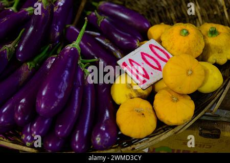 Port Louis, Mauritius - 25. Oktober 2023: Auberginen-Gemüse zum Verkauf auf dem Central Market mit Preisschild. Stockfoto