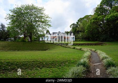 Le Domaine des Aubineaux Plantation Estate Museum Außenansicht des Hauses und des Gartenparks in Curepipe Mauritius an der Tea Route Stockfoto