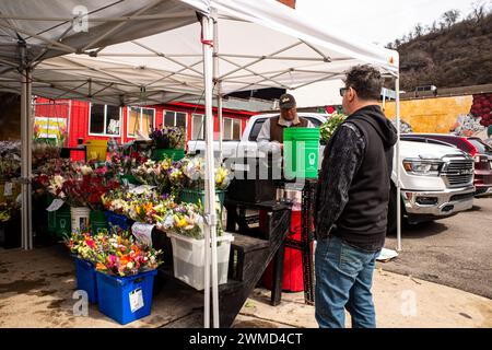 Blumenhändler säumen die belebten Straßen des Strip District von Pittsburgh und bieten Passanten eine bunte Auswahl an Blüten. Stockfoto