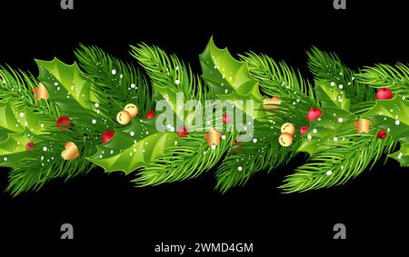 Nahtlose Weihnachtsgirlande mit Zweigen von Weihnachtsbäumen, stechpalme, roten Beeren, Glocken, goldenen Herzen und Sternen. Schneebedeckte Tannenzweige. Isolierter o Stockfoto