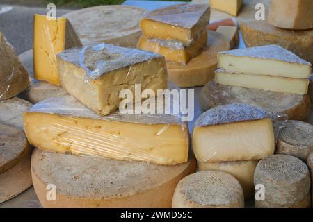 Gereifte Käseräder und Frischkäsebrocken zum Verkauf an einem Marktstand Stockfoto