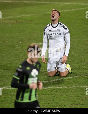 Eupen, Belgien. Februar 2024. Eupens Jan Kral reagiert auf ein Fußballspiel zwischen KAS Eupen und Cercle Brugge am Sonntag, den 25. Februar 2024 in Eupen, am 27. Tag der ersten Liga der Jupiler Pro League 2023-2024. BELGA FOTO JOHN THYS Credit: Belga News Agency/Alamy Live News Stockfoto