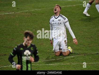 Eupen, Belgien. Februar 2024. Eupens Jan Kral reagiert auf ein Fußballspiel zwischen KAS Eupen und Cercle Brugge am Sonntag, den 25. Februar 2024 in Eupen, am 27. Tag der ersten Liga der Jupiler Pro League 2023-2024. BELGA FOTO JOHN THYS Credit: Belga News Agency/Alamy Live News Stockfoto