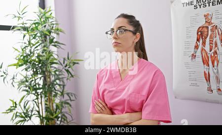 Die gestresste, junge, schöne hispanische Therapeutin in Uniform zeigt traurigen Ausdruck, Arme überkreuzte Posen während der Rehabilitationsklinik Stockfoto