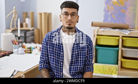Ernstzunehmender junger lateinmann, tätowierter Künstler in Brille, sitzt drinnen im Kunststudio, vertieft in das Bemalen seiner Leinwand mit Leidenschaft Stockfoto