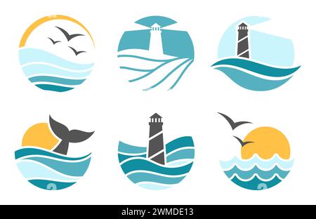 Logokollektion für aquatische Umwelt. Ozeanwellen mit Walschwanz im Wasser, fliegende Möwen und Leuchtturm-Silhouette Stock Vektor