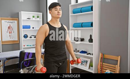 Ein junger asiatischer Mann übt mit Kurzhanteln in einer Rehabilitationsklinik. Stockfoto