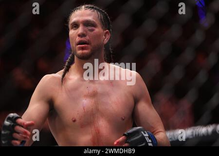 Mexiko-Stadt, Ciudad de Mexico, Mexiko. Februar 2024. 24. Februar 2024, Mexiko-Stadt: Brian Ortega reagiert in einem federleichten Kampf während der UFC Fight Night-Veranstaltung in der CDMX Arena. Am 24. Februar 2024 in Mexiko-Stadt. (Credit Image: © Luis Marin/eyepix via ZUMA Press Wire) NUR REDAKTIONELLE VERWENDUNG! Nicht für kommerzielle ZWECKE! Stockfoto