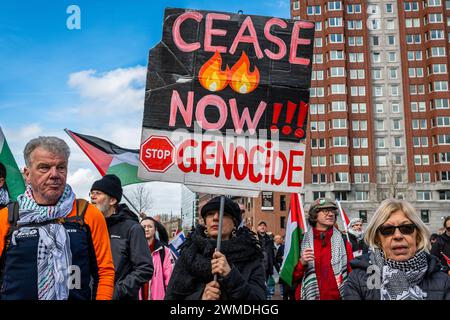 Rotterdam, Süd-Holland, Niederlande. Februar 2024. Ein Demonstrant hält ein Schild mit der Aufschrift: "Waffenstillstand; stoppt den Völkermord." Am 25. Februar 2024 versammelten sich pro-palästinensische Demonstranten auf der Binnenrotte in Rotterdam, Niederlande. Sie verlangten Israel, seine Hände von Rafah zu lassen. (Kreditbild: © James Petermeier/ZUMA Press Wire) NUR REDAKTIONELLE VERWENDUNG! Nicht für kommerzielle ZWECKE! Stockfoto